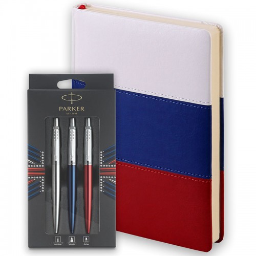 Набор Parker Jotter London Trio: гелевая ручка Red CT + шариковая ручка Blue CT + карандаш Stainless Steel CT и ежедневника триколор в Уфе